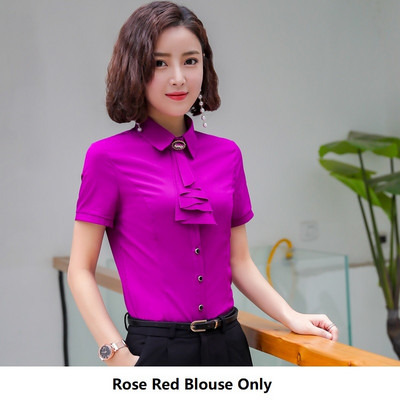 Női irodai viselet Blúzok Elegáns Rózsa Nyári Rövid ujjú Blúz Ingek Női OL Stílusok Munkaruházat Felsők Női ruhák