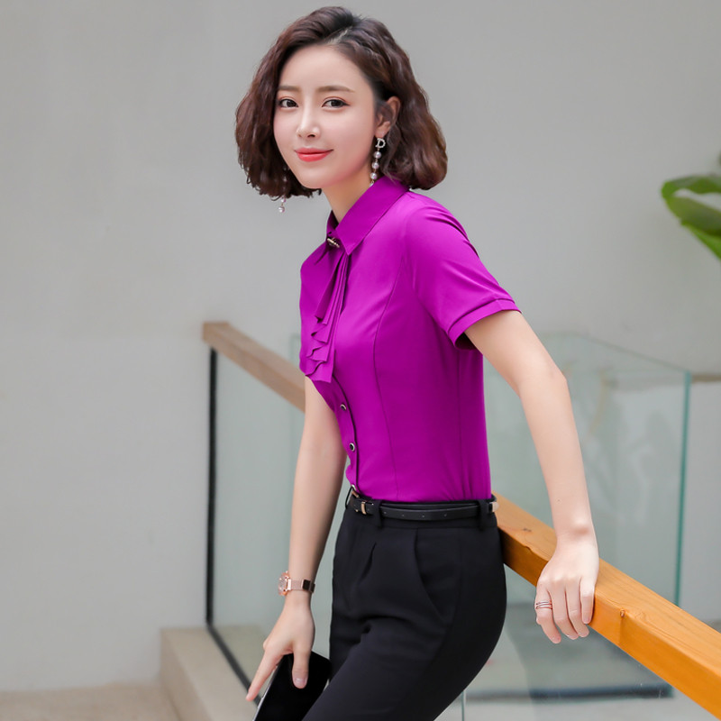 Női irodai viselet Blúzok Elegáns Rózsa Nyári Rövid ujjú Blúz Ingek Női OL Stílusok Munkaruházat Felsők Női ruhák