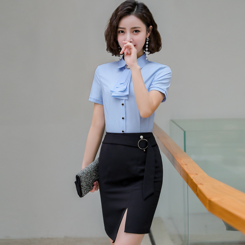 Női irodai viselet Blúzok Elegáns Rózsa Nyári Rövid ujjú Blúz Ingek Női OL Stílusok Munkaruházat Felsők Női ruhák