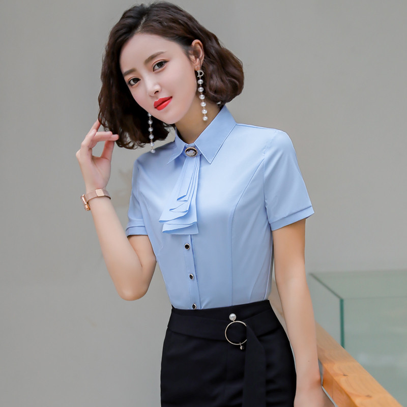 Női irodai viselet Blúzok Elegáns Rózsa Nyári Rövid ujjú Blúz Ingek Női OL Stílusok Munkaruházat Felsők Női ruhák