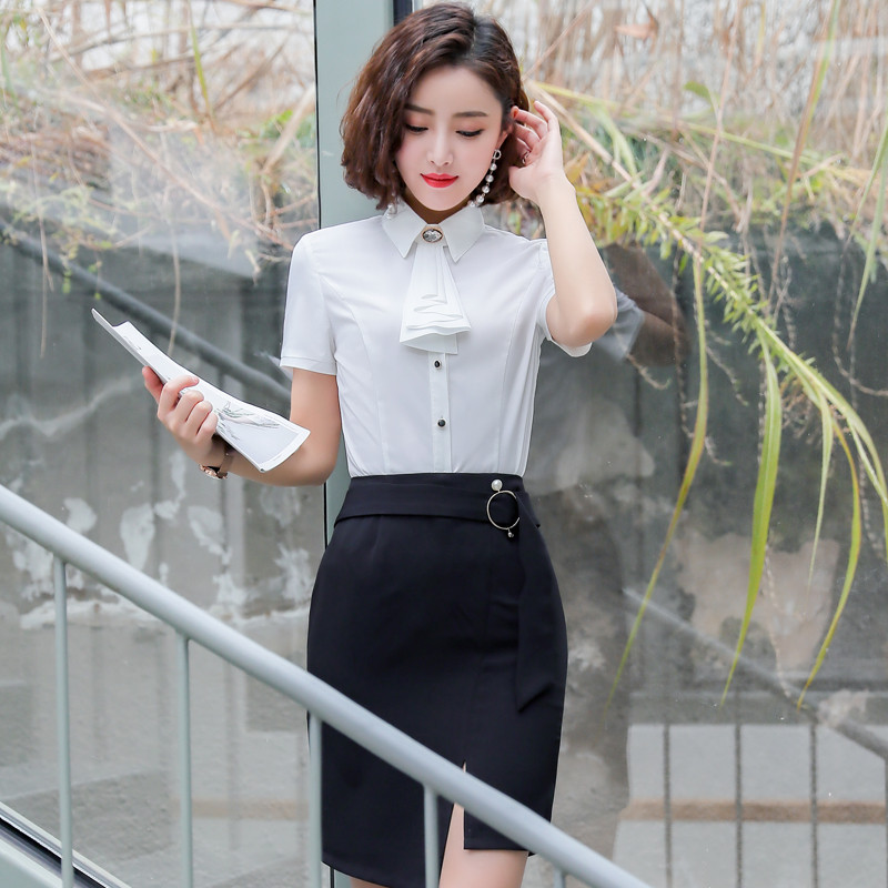 Női irodai viselet Blúzok Elegáns Rózsa Nyári Rövid ujjú Blúz Ingek Női OL Stílusok Munkaruházat Felsők Női ruhák