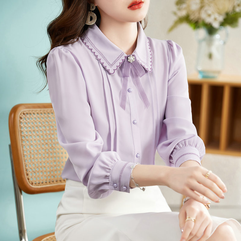 2023. aasta sügis, uus naiste šifoonpluus, ühe rinnaga professionaalsed topid, pikkade varrukatega, lilla kontorinaise särk