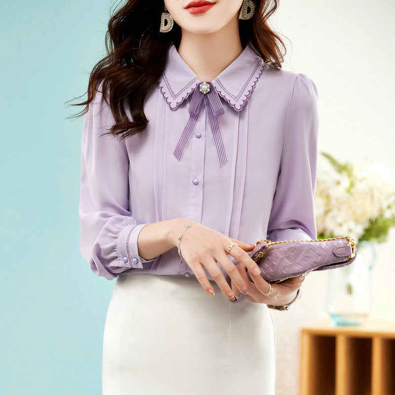 2023. aasta sügis, uus naiste šifoonpluus, ühe rinnaga professionaalsed topid, pikkade varrukatega, lilla kontorinaise särk