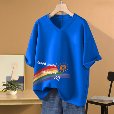 Sieviešu apdrukāts V veida kakla izgriezuma brīvs T-krekls vasaras īsām piedurknēm tīras kokvilnas vienkāršais ikdienas M-6xl džemperis Sieviešu Basics Fashion Top T-krekls