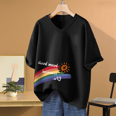 Sieviešu apdrukāts V veida kakla izgriezuma brīvs T-krekls vasaras īsām piedurknēm tīras kokvilnas vienkāršais ikdienas M-6xl džemperis Sieviešu Basics Fashion Top T-krekls