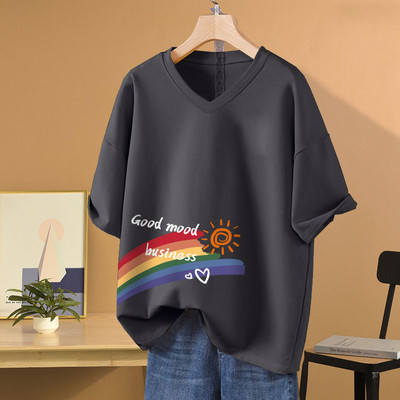 Sieviešu apdrukāts V veida kakla izgriezuma brīvs T-krekls vasaras īsām piedurknēm tīras kokvilnas vienkāršais ikdienas M-6xl džemperis Sieviešu Basics Fashion Top T-krekls