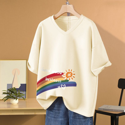 Sieviešu apdrukāts V veida kakla izgriezuma brīvs T-krekls vasaras īsām piedurknēm tīras kokvilnas vienkāršais ikdienas M-6xl džemperis Sieviešu Basics Fashion Top T-krekls