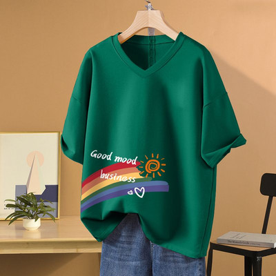 Sieviešu apdrukāts V veida kakla izgriezuma brīvs T-krekls vasaras īsām piedurknēm tīras kokvilnas vienkāršais ikdienas M-6xl džemperis Sieviešu Basics Fashion Top T-krekls