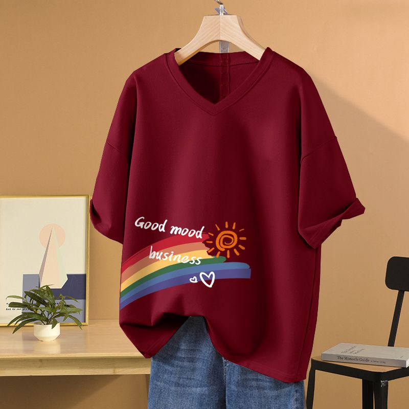 Sieviešu apdrukāts V veida kakla izgriezuma brīvs T-krekls vasaras īsām piedurknēm tīras kokvilnas vienkāršais ikdienas M-6xl džemperis Sieviešu Basics Fashion Top T-krekls