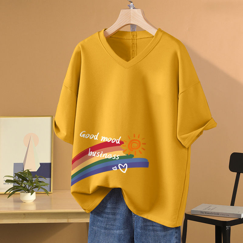 Sieviešu apdrukāts V veida kakla izgriezuma brīvs T-krekls vasaras īsām piedurknēm tīras kokvilnas vienkāršais ikdienas M-6xl džemperis Sieviešu Basics Fashion Top T-krekls