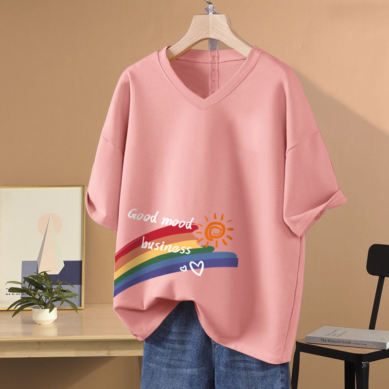 Sieviešu apdrukāts V veida kakla izgriezuma brīvs T-krekls vasaras īsām piedurknēm tīras kokvilnas vienkāršais ikdienas M-6xl džemperis Sieviešu Basics Fashion Top T-krekls