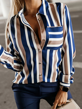 Ежедневна блуза с голям размер, дамска горна риза с дълъг ръкав и яка с ревер и щампа с райе
