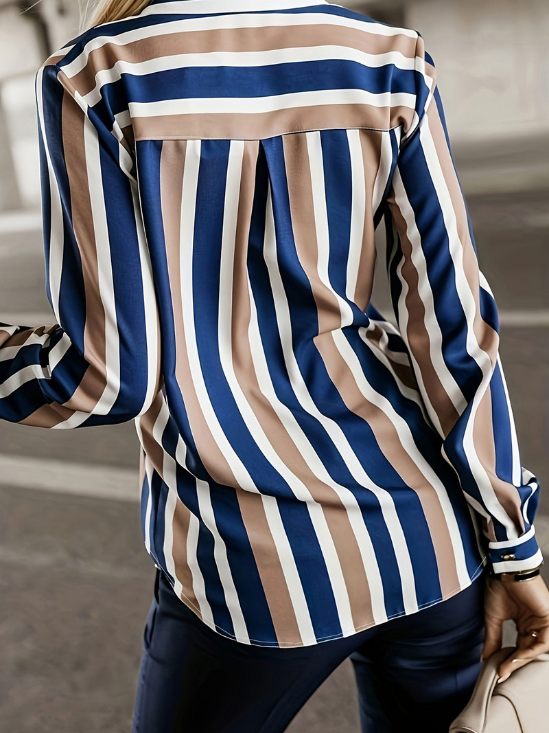 Suures suuruses vabaaja pluus, naiste plusstriibulise trükiga pikkade varrukatega nööbiga särgi topp