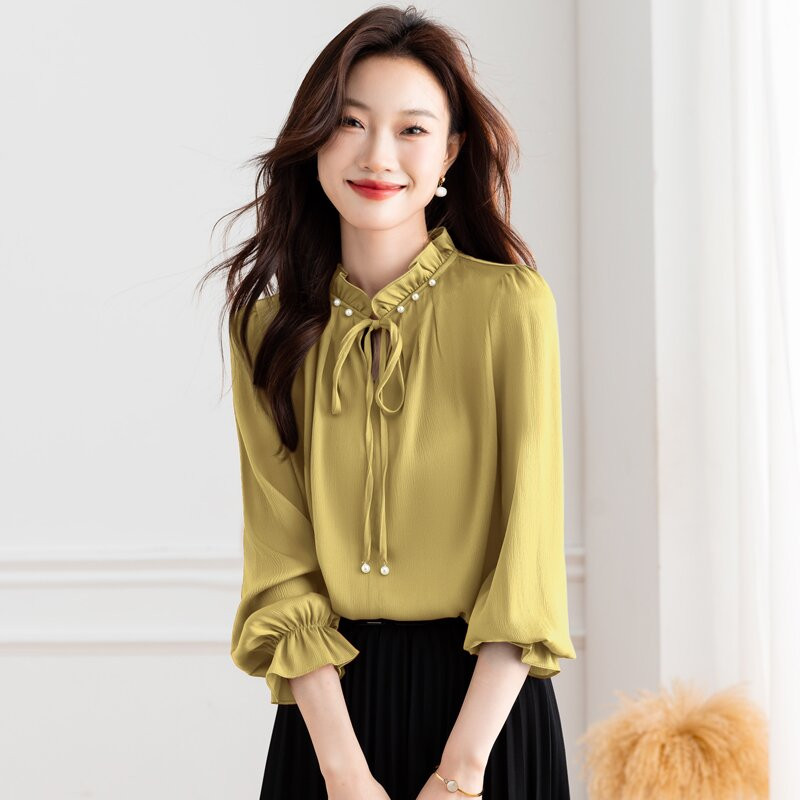 Topuri din satin cu margele la modă elegantă, primăvară 2024, bluză cu mânecă lungă pentru femei, cu dantelă, guler pentru urechi, cămașă OL Blusa