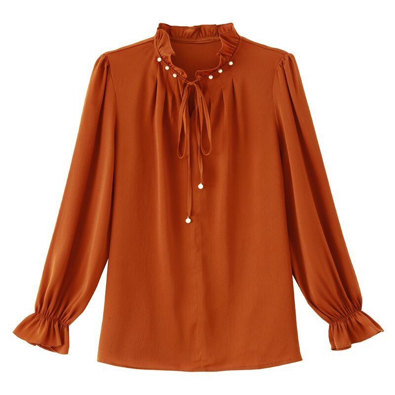Topuri din satin cu margele la modă elegantă, primăvară 2024, bluză cu mânecă lungă pentru femei, cu dantelă, guler pentru urechi, cămașă OL Blusa