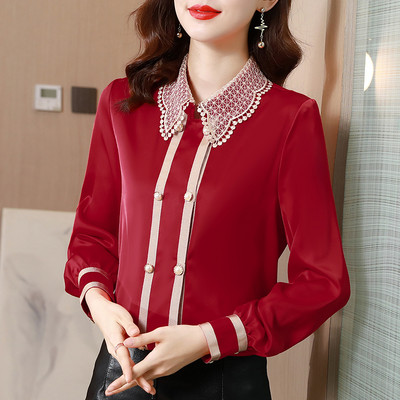 Naiste satiinsärk, pits, elegantsed pluusid, naiste topid, pikkade varrukatega, retropluus 2022. aasta moerõivad, nööbid, särgid OL top