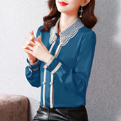 Naiste satiinsärk, pits, elegantsed pluusid, naiste topid, pikkade varrukatega, retropluus 2022. aasta moerõivad, nööbid, särgid OL top