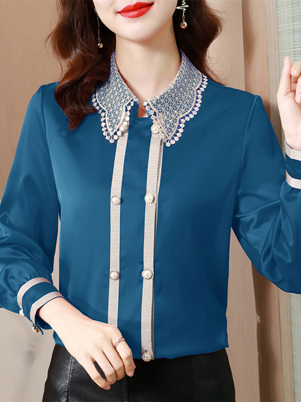 Naiste satiinsärk, pits, elegantsed pluusid, naiste topid, pikkade varrukatega, retropluus 2022. aasta moerõivad, nööbid, särgid OL top