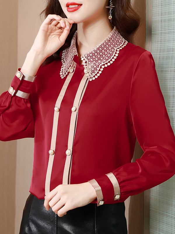 Naiste satiinsärk, pits, elegantsed pluusid, naiste topid, pikkade varrukatega, retropluus 2022. aasta moerõivad, nööbid, särgid OL top