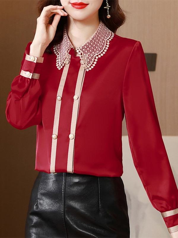 Naiste satiinsärk, pits, elegantsed pluusid, naiste topid, pikkade varrukatega, retropluus 2022. aasta moerõivad, nööbid, särgid OL top