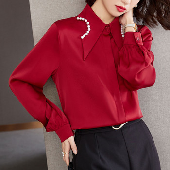 Модни елегантни дамски червени блузи Шикозни перли с мъниста Шифонени ризи с дълъг ръкав Дамски ежедневни офис топове 2023 г.
