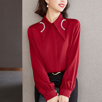 Модни елегантни дамски червени блузи Шикозни перли с мъниста Шифонени ризи с дълъг ръкав Дамски ежедневни офис топове 2023 г.