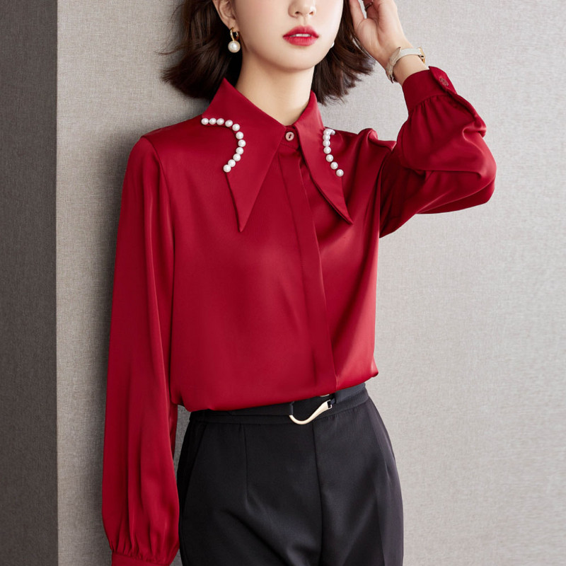 Modes elegantas sieviešu sarkanas blūzes elegantas pērles ar pērlītēm ar garām piedurknēm šifona krekli Sieviešu ikdienas biroja topi 2023