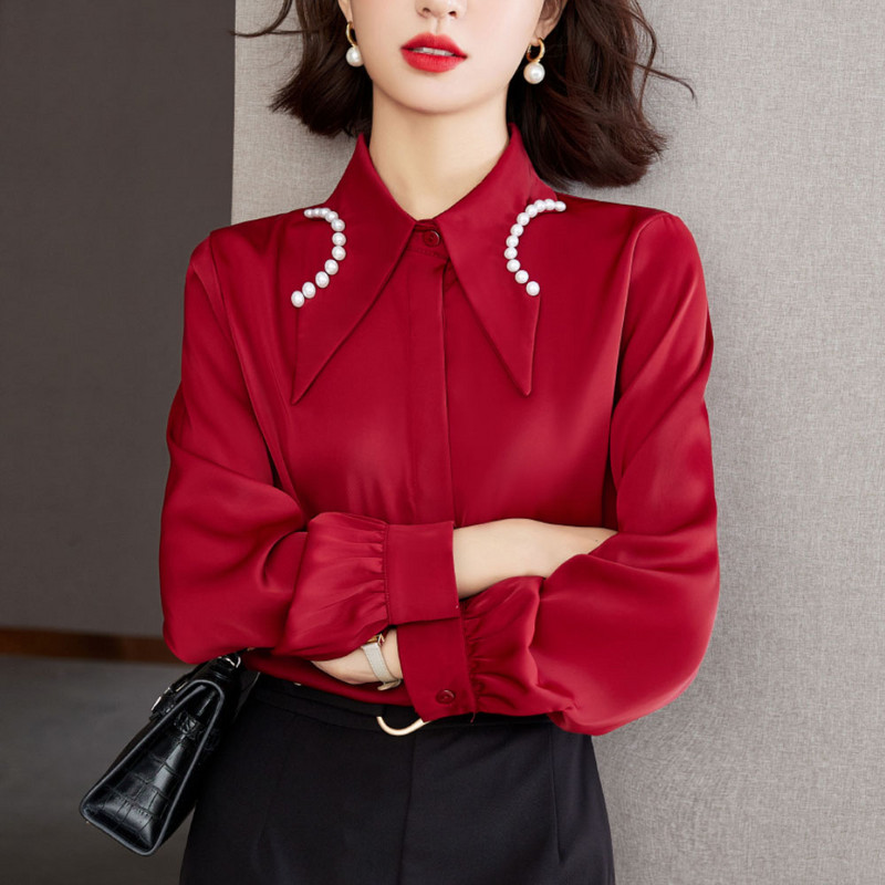 Modes elegantas sieviešu sarkanas blūzes elegantas pērles ar pērlītēm ar garām piedurknēm šifona krekli Sieviešu ikdienas biroja topi 2023