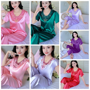 Секси копринени сатенени нощници Летни нови дамски пижами Feme Ice Silk Дамски пижами Дантелени домашни дрехи с къс ръкав Комплект от две части
