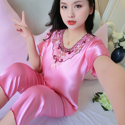 Seksikad siidist satiinist öösärgid suvised uued naiste pidžaamad, jääsiidid, naiste pidžaamad, pitsilised lühikeste varrukatega koduriided kaheosaline komplekt