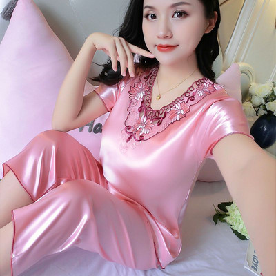 Seksikad siidist satiinist öösärgid suvised uued naiste pidžaamad, jääsiidid, naiste pidžaamad, pitsilised lühikeste varrukatega koduriided kaheosaline komplekt