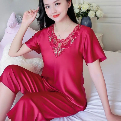 Seksikad siidist satiinist öösärgid suvised uued naiste pidžaamad, jääsiidid, naiste pidžaamad, pitsilised lühikeste varrukatega koduriided kaheosaline komplekt