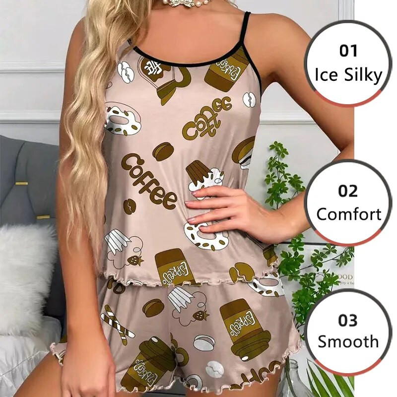 Naiste pidžaamad magamisriided pidžaamakomplekt öösärgid ja lühikesed püksid SML khakivärvi multifilmide trükkimine suvine vabaaja pehme, mugav