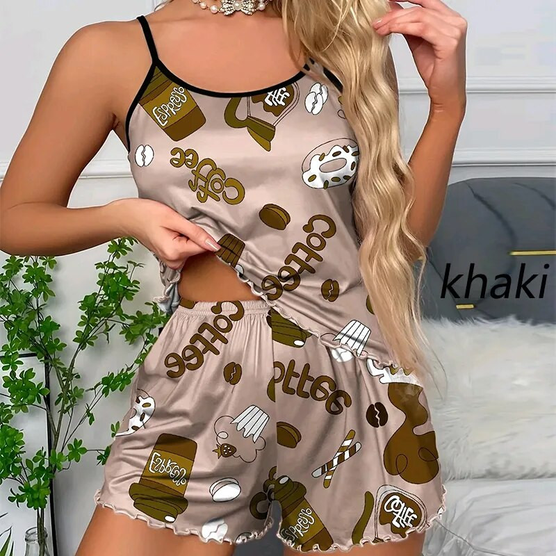 Naiste pidžaamad magamisriided pidžaamakomplekt öösärgid ja lühikesed püksid SML khakivärvi multifilmide trükkimine suvine vabaaja pehme, mugav