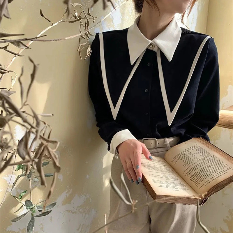 MEXZT Vintage šifona krekli Sieviešu Eleganti Patchwork Blūzes ar garām piedurknēm Biroja dāmu korejiešu melns, apkakles apkakle, ikdienas topi