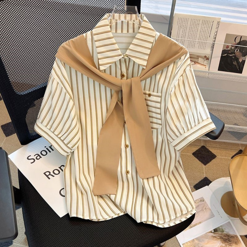 Ženska ljetna odjeća u trendu Prugasta košulja kratkih rukava Top košulje s džepnim šalom Slatke ležerne uredske ženske košulje i bluze