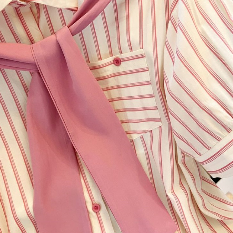 Ženska ljetna odjeća u trendu Prugasta košulja kratkih rukava Top košulje s džepnim šalom Slatke ležerne uredske ženske košulje i bluze