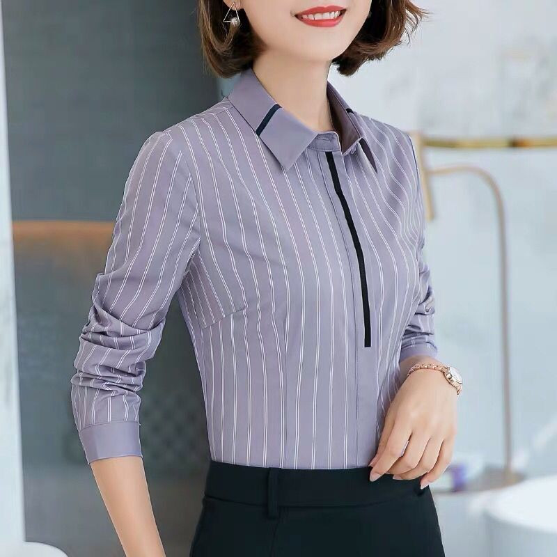 Äriline vabaaja kontori daamipluusid Elegantsed moelised kõhn triibuline lahtikäiv krae nööp Kevadsuvi õhukesed naisterõivad