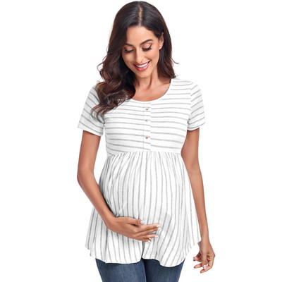 Grūtnieču T-kreklu viltotas pogas ar apaļu kaklu, īsām piedurknēm T-krekls barošanai ar krūti, grūtnieču apģērbs