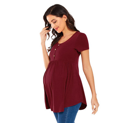 Grūtnieču T-kreklu viltotas pogas ar apaļu kaklu, īsām piedurknēm T-krekls barošanai ar krūti, grūtnieču apģērbs