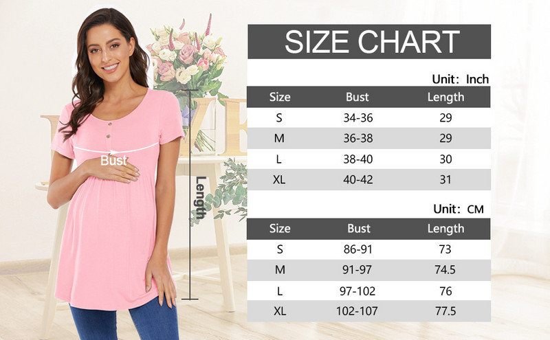 Grūtnieču T-kreklu viltotas pogas ar apaļu kaklu, īsām piedurknēm T-krekls barošanai ar krūti, grūtnieču apģērbs