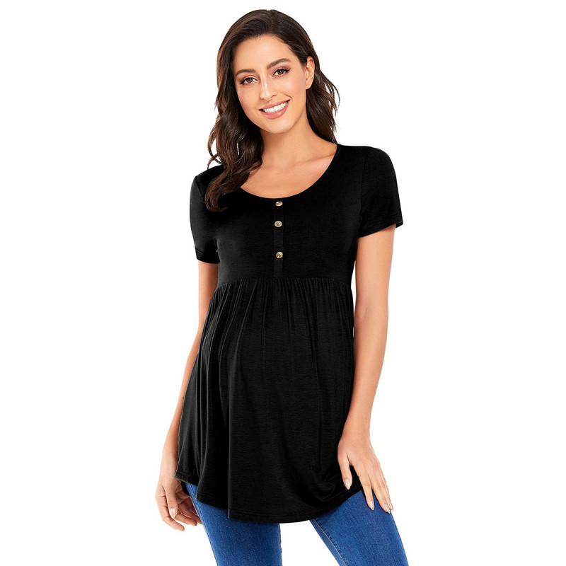 Grūtnieču T-kreklu viltotas pogas ar apaļu kaklu, īsām piedurknēm T-krekls barošanai ar krūti, grūtnieču apģērbs