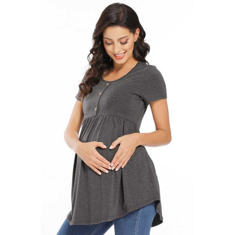 Grūtnieču T-kreklu viltotas pogas ar apaļu kaklu, īsām piedurknēm T-krekls barošanai ar krūti, grūtnieču apģērbs