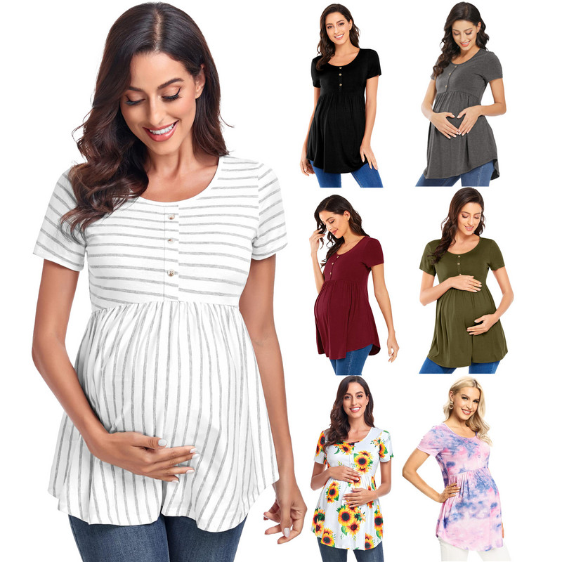 Grūtnieču T-kreklu viltotas pogas ar apaļu kaklu, īsām piedurknēm T-krekls barošanai ar krūti, grūtnieču apģērbs