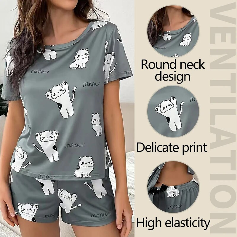 Ženske pidžame Odjeća za spavanje Komplet pidžama Noćne košulje Kratki rukavi i kratke hlače Odijelo SML Sivo Crtani ispis mačića Ležerno Udobno