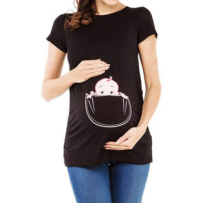 Maternity Premium Stretch grūtniecēm ar īsām piedurknēm cute baby print topi T-krekls grūtniecēm Drēbes smieklīgi top