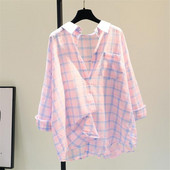 Cămașă în carouri din bumbac, cu un singur buzunar, în trei culori, pentru femei, vara 2023, nouă cămașă cu protecție solară, versiune coreeană, cămașă lejeră