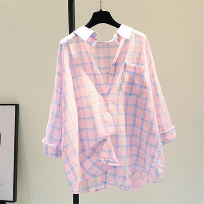 Cămașă în carouri din bumbac, cu un singur buzunar, în trei culori, pentru femei, vara 2023, nouă cămașă cu protecție solară, versiune coreeană, cămașă lejeră
