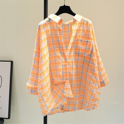Cămașă în carouri din bumbac, cu un singur buzunar, în trei culori, pentru femei, vara 2023, nouă cămașă cu protecție solară, versiune coreeană, cămașă lejeră