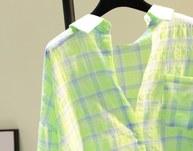 Cămașă în carouri din bumbac, cu un singur buzunar, în trei culori, pentru femei, vara 2023, nouă cămașă cu protecție solară, versiune coreeană, cămașă lejeră